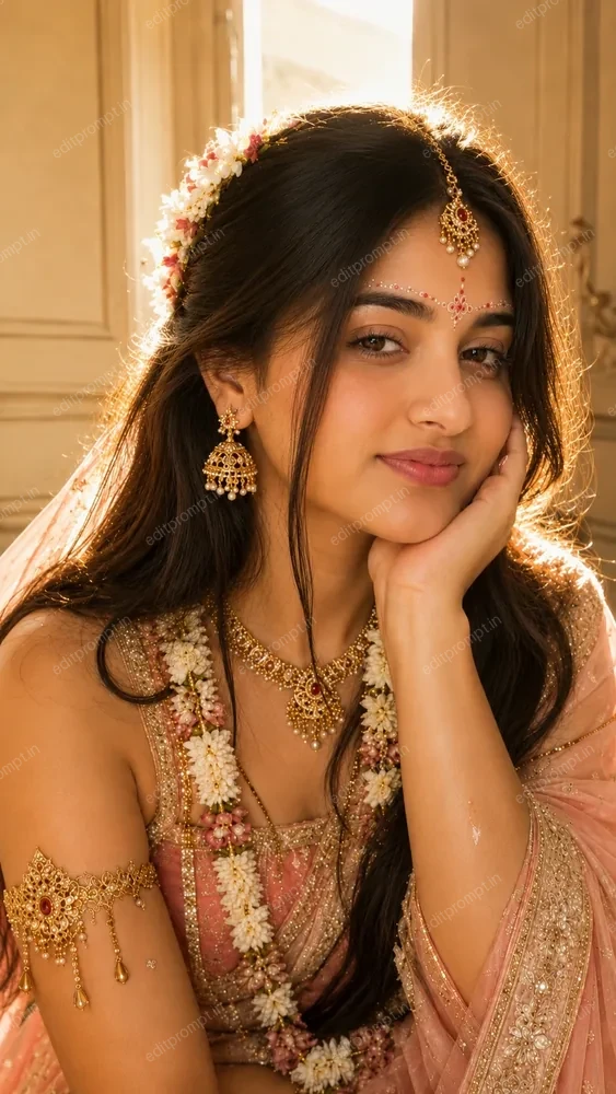 Radha Rani saree look prompt result — blush pink bridal saree, mogra garland, gold maang tikka and glowing golden backlight