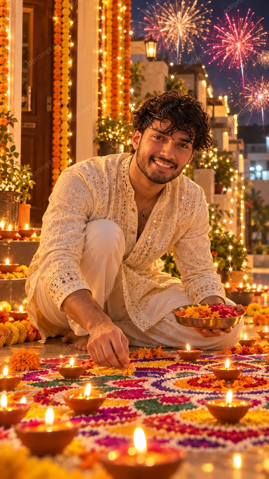 Diwali Rangoli Making AI Photo Prompt for Boys — AI photo prompt example
