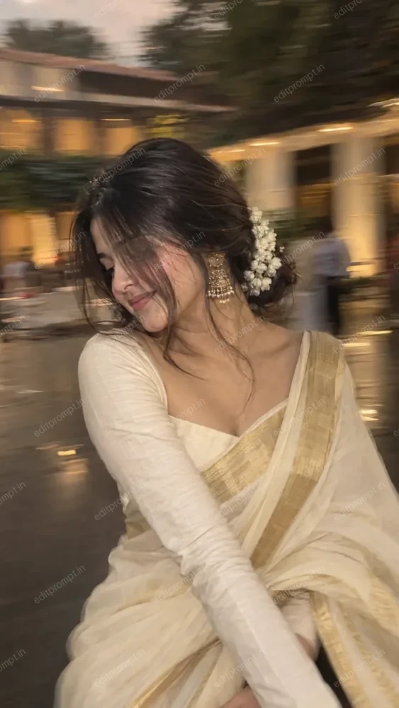 White saree motion blur photo prompt — girl in an off-white and gold Kerala saree with jasmine in her bun