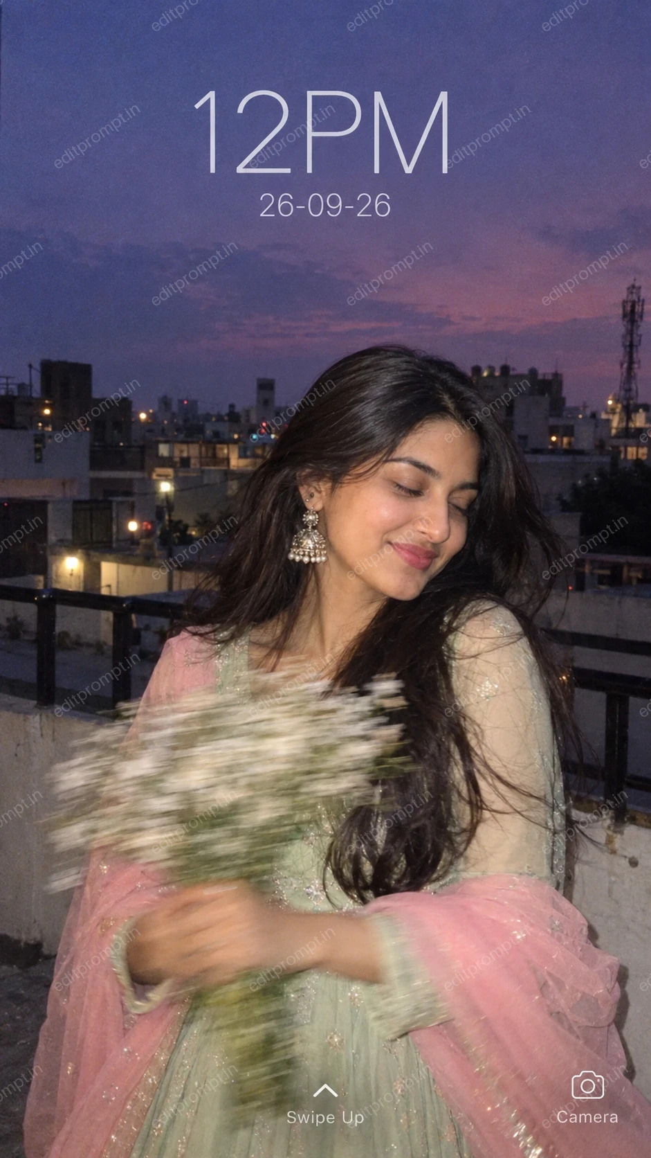 Aesthetic Girl Photo Prompt – Motion Blur Flowers — AI photo prompt example