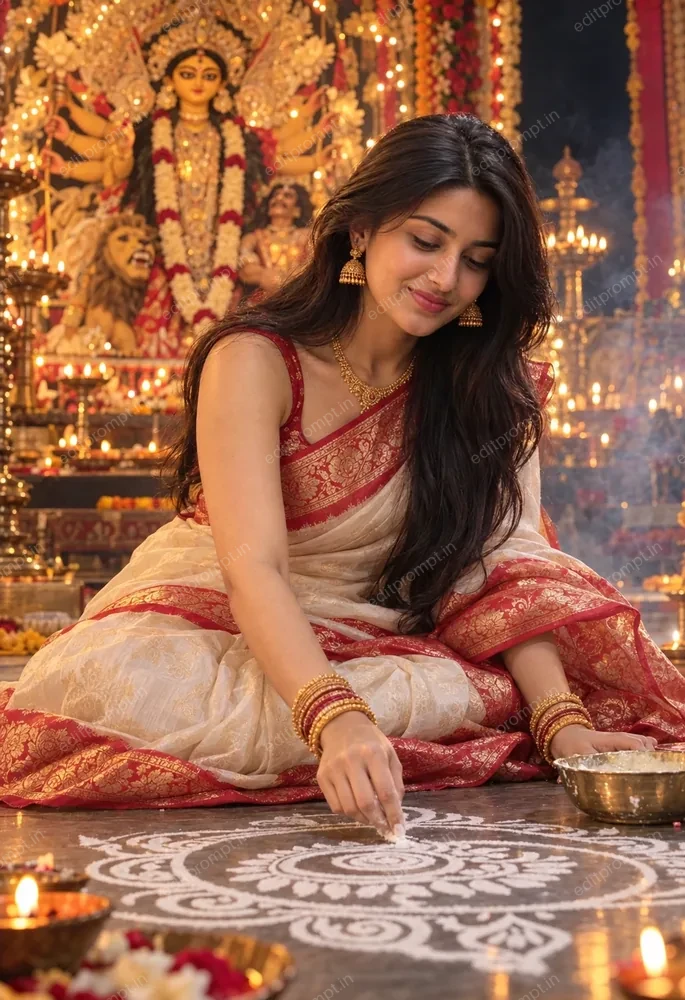 Durga Puja AI photo prompt for girls - woman in white-red Bengali saree drawing white alpona floor art, lit Durga idol pandal behind her