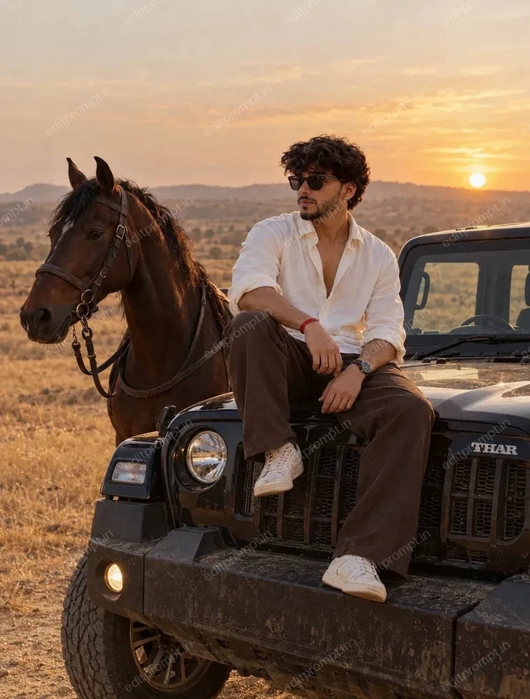 photo prompt — Thar Car with Horse AI Photo Prompt for Boys