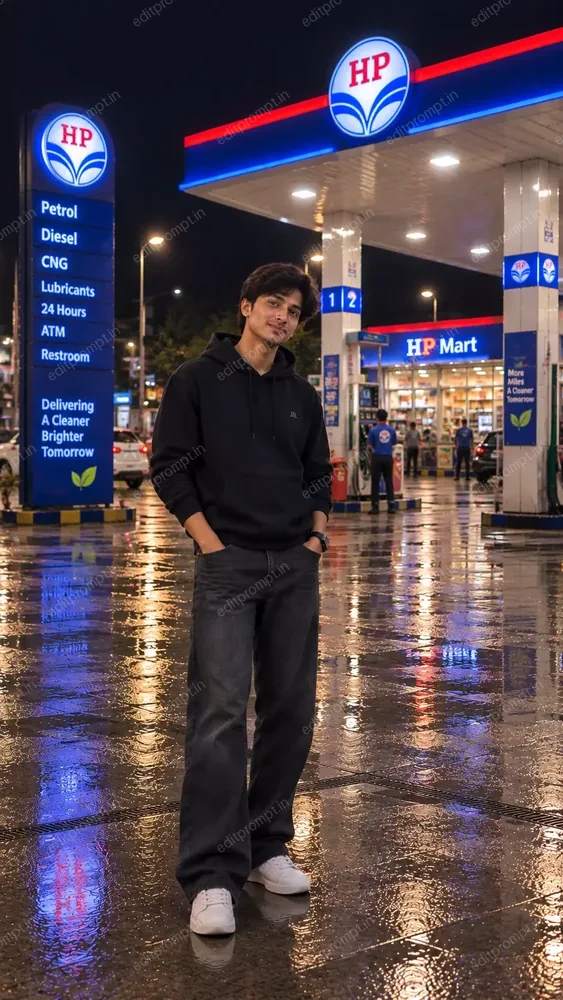 photo prompt — Night Petrol Pump AI Photo Prompt for Boys