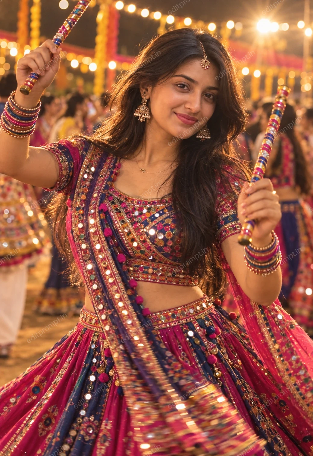 Navratri Dandiya Girl Colorful Lehenga Portrait — AI photo prompt example