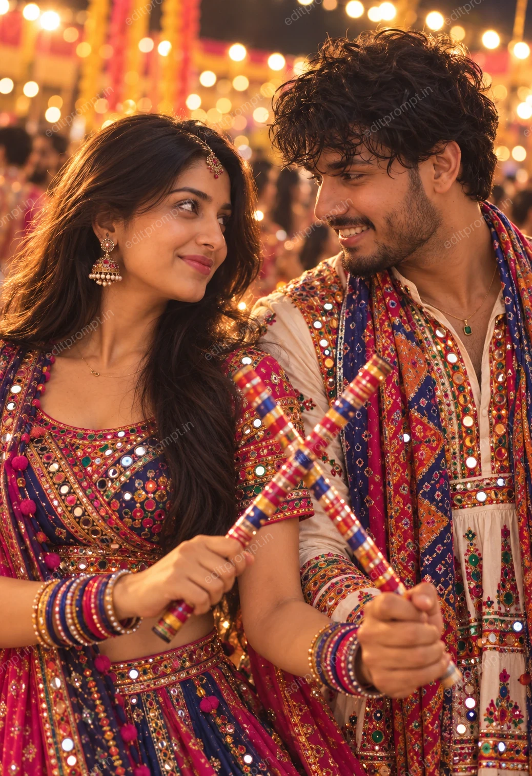 Navratri Garba Couple Playing Dandiya — AI photo prompt example