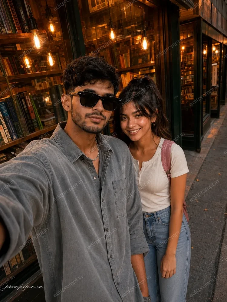 cinematic prompt — Cinematic Vintage Bookstore Couple Photo Prompt