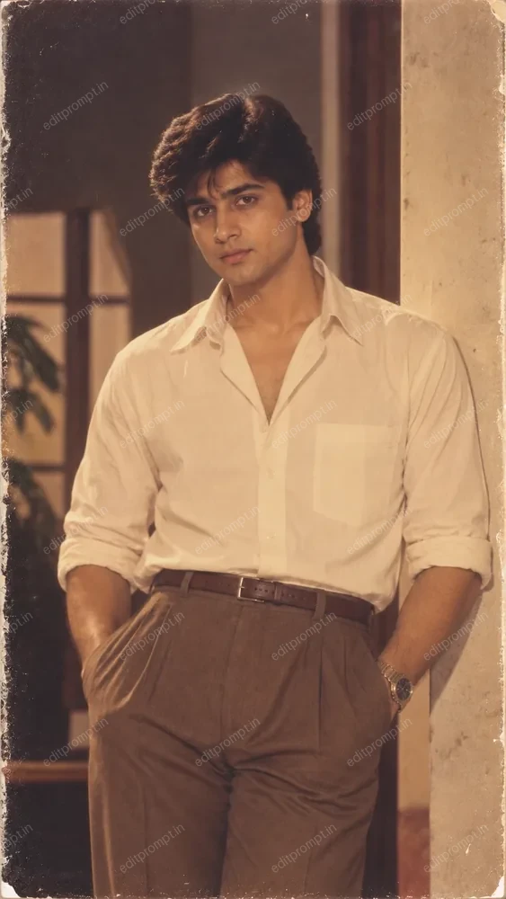 1980s Bollywood hero AI photo prompt - a young man in a cream rolled-sleeve shirt and pleated brown trousers leaning on a pillar