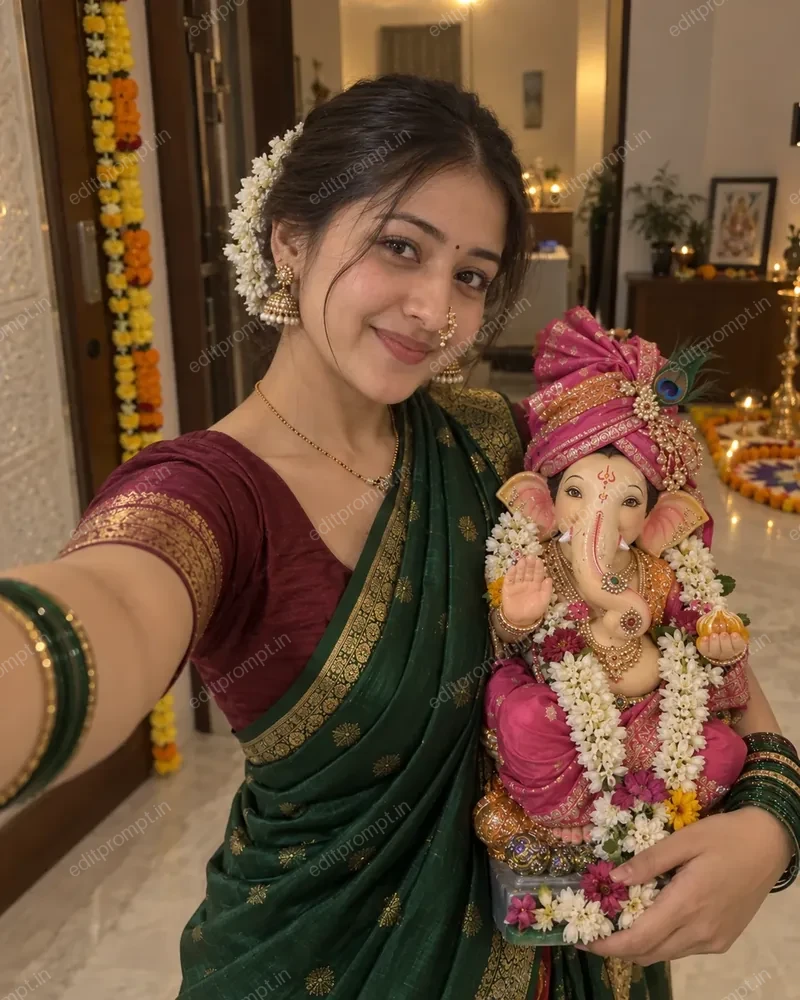 photo prompt — Ganpati Bappa Green Saree AI Photo Prompt for Girls