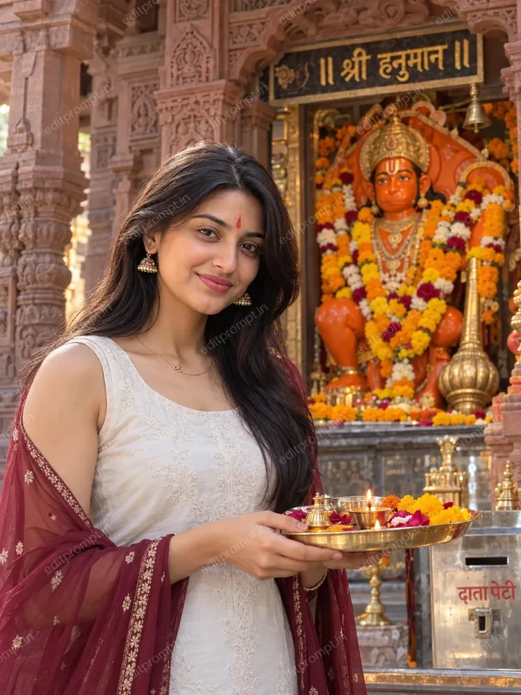 Hanuman temple puja AI photo prompt - girl in a white kurti and maroon dupatta holding a puja thali in front of a marigold-decked Hanuman idol