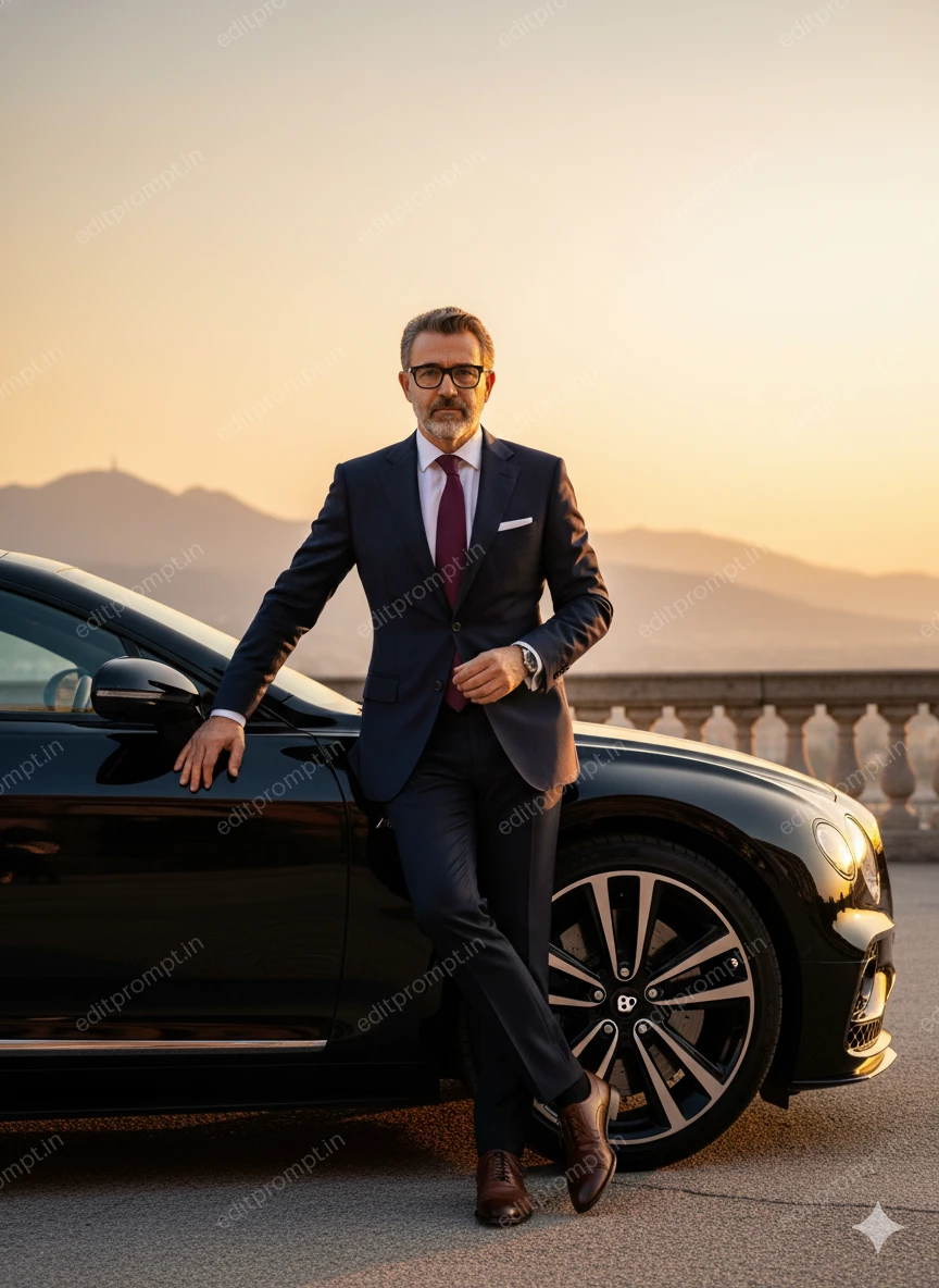 portrait ai photo prompt — Fora do Carro por do sol