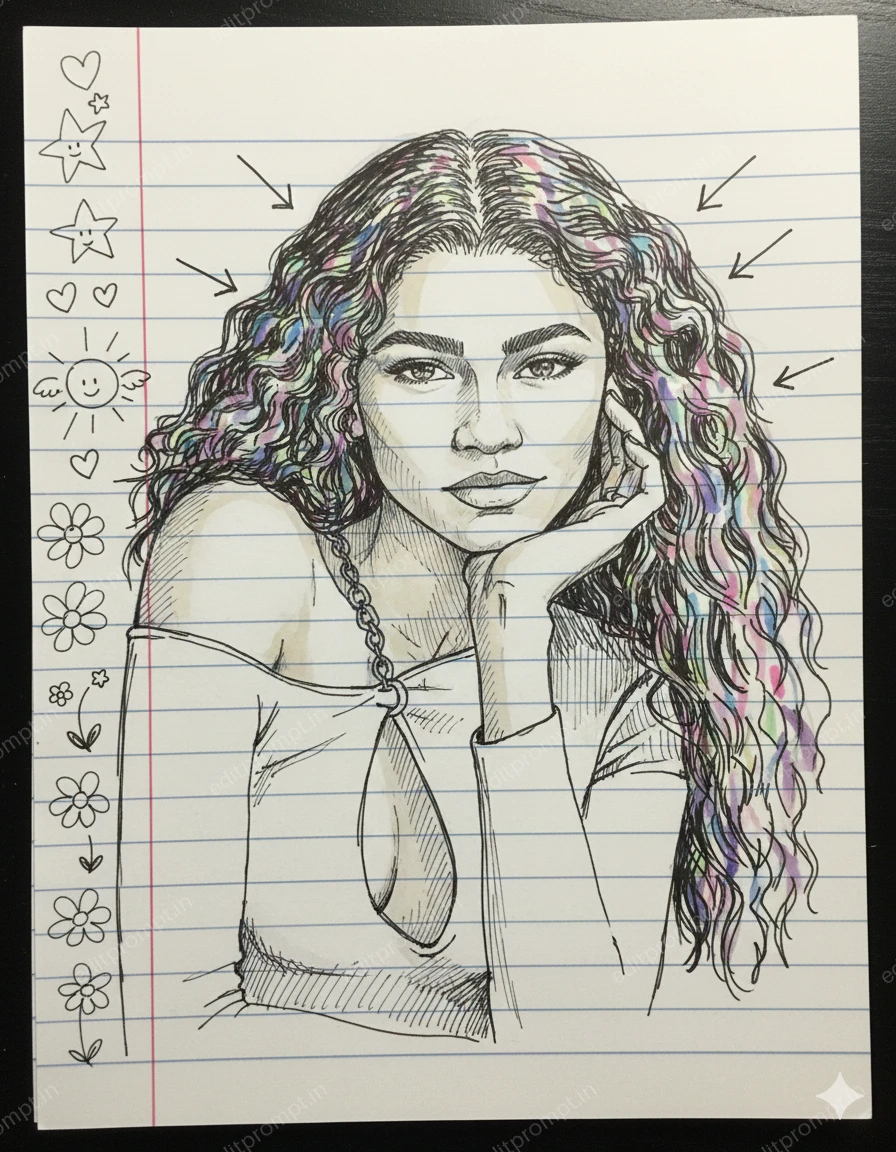 cartoon ai photo prompt — Notebook Doodle Self Cartoon AI Photo Prompt for Girls