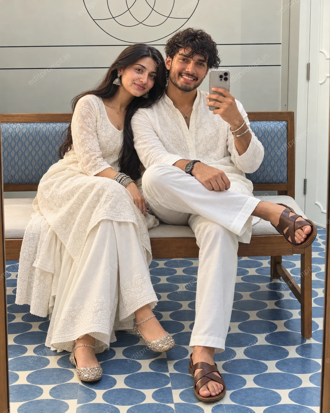 White Kurta Couple Mirror Selfie AI Photo Prompt — AI photo prompt example