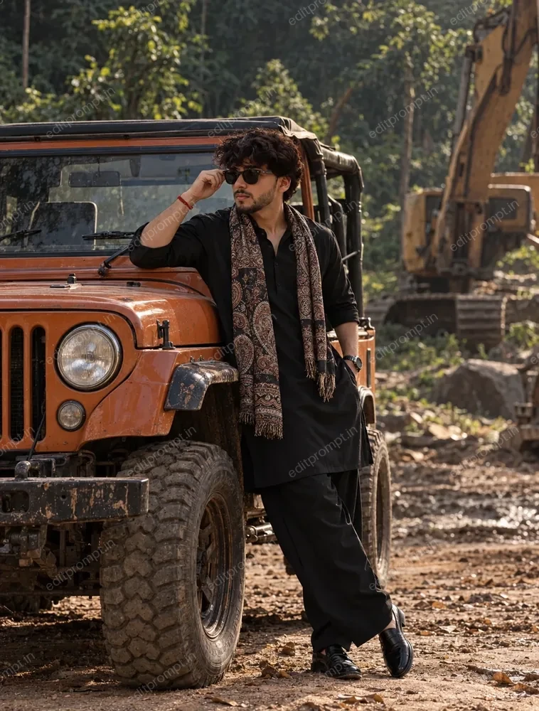 photo prompt — Black Kurta Jeep Car AI Photo Prompt for Boys