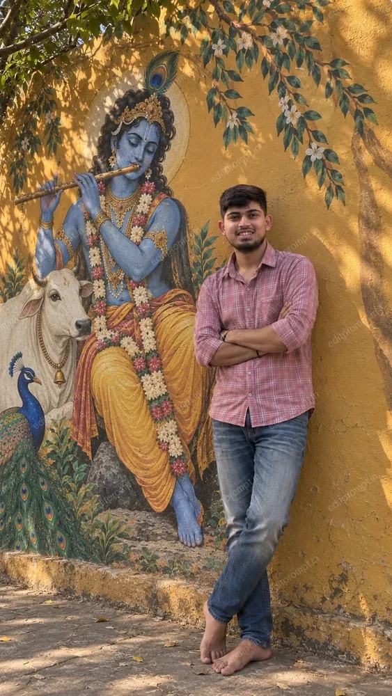 Janmashtami AI photo editing prompt for boys — young man in a pink checked shirt standing barefoot beside a painted Krishna wall with a peacock and white cow
