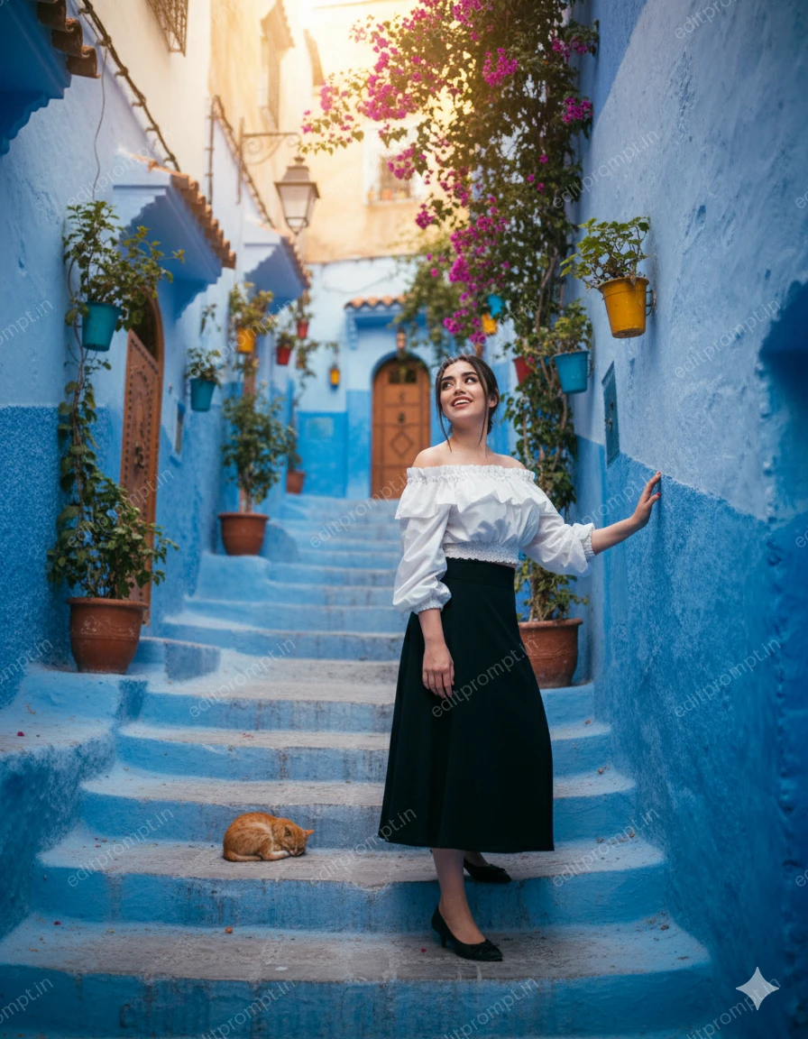 travel ai photo prompt — Blue Dreams of Morocco 🇲🇦 Travel AI Photo Prompt for Girls