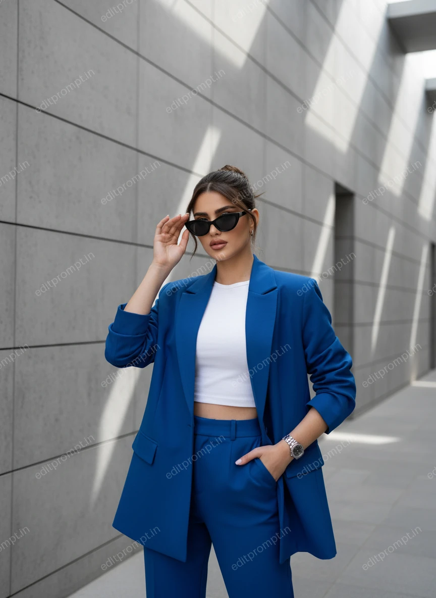 portrait ai photo prompt — Urban Elegance: Blue Power Suit Confidence