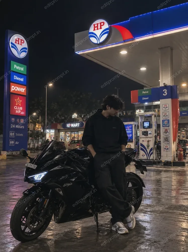 Bike petrol pump photo prompt for boys — boy in a black hoodie leaning on a black sports bike at a lit petrol pump at night