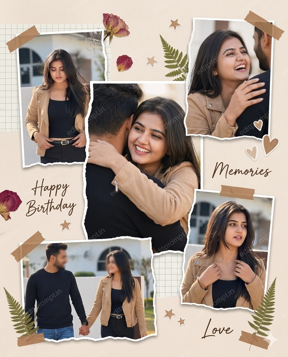 birthday ai photo prompt — Modern aesthetic photo collage Birthday AI Photo Prompt for Couple
