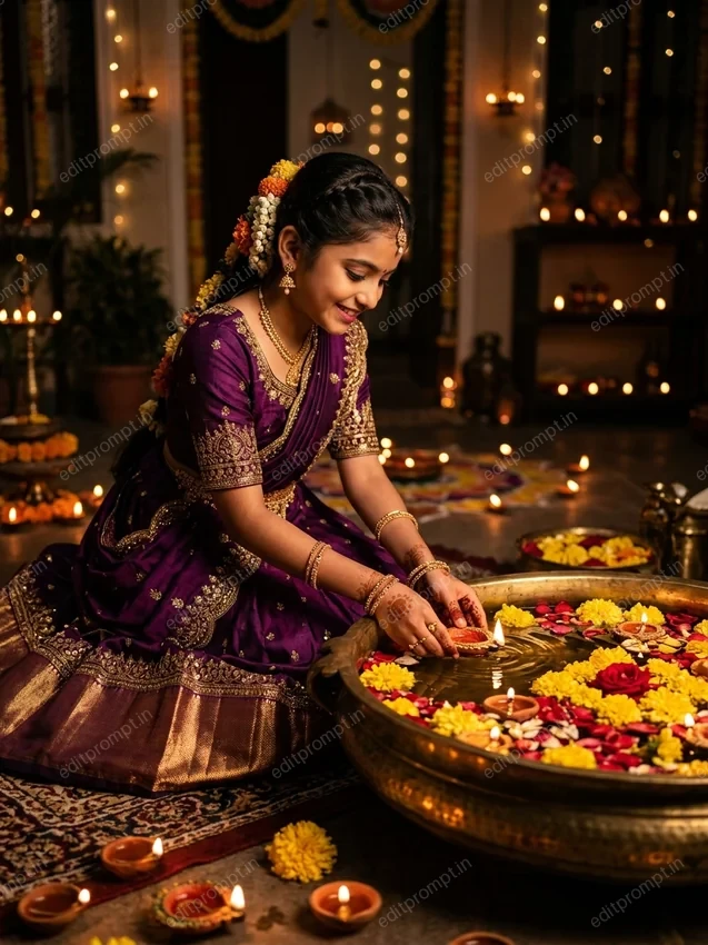 AI Diwali portrait of a woman in a deep plum raw silk lehenga beside a brass urli with floating diyas