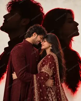 Romantic Couple Double Portrait AI Photo Prompt with Red Rim Light — AI photo prompt example