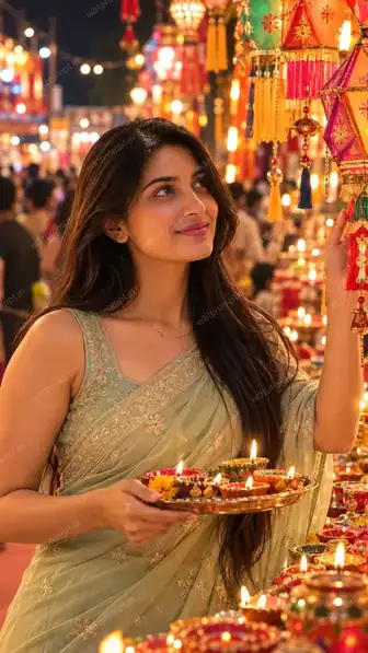 Pastel Green Saree Diwali Market AI Photo Prompt for Girls — AI photo prompt example