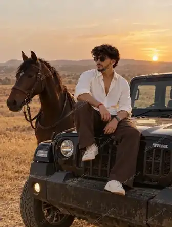 photo prompt — Thar Car with Horse AI Photo Prompt for Boys