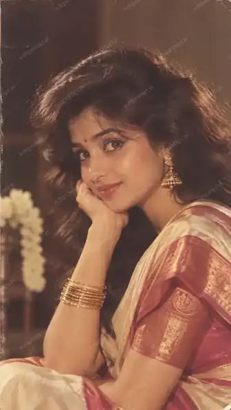 1980s Bollywood heroine AI photo prompt - a woman in a cream and gold silk saree with jhumkas and voluminous retro hair