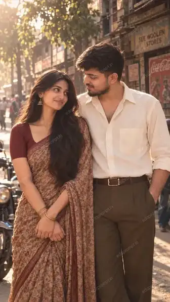 Vintage couple AI photo prompt - a 1980s Indian couple in a floral saree and ivory shirt on an old city street at golden hour