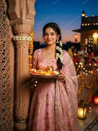 AI Diwali portrait of a woman in a pastel rani pink organza lehenga holding a brass puja thali