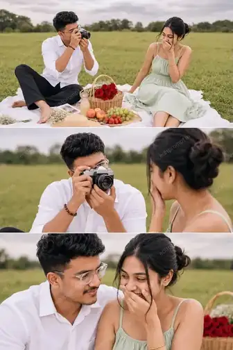 collage ai photo prompt — Picnic Love Story Edit Collage AI Photo Prompt for Couple