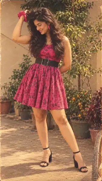 1980s floral dress AI photo prompt - a woman in a magenta floral fit-and-flare dress with a wide black belt in a sunlit Indian courtyard