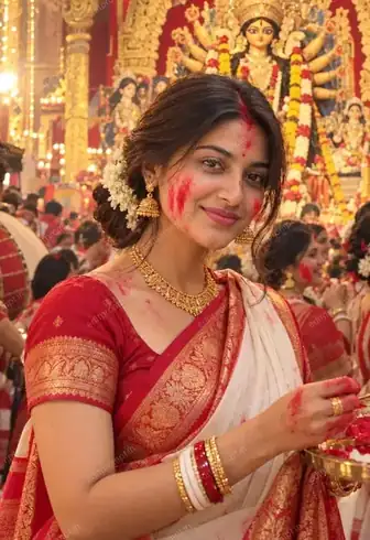 Durga Puja Sindoor Khela saree look AI photo prompt - woman in white-red Bengali saree with gold jewellery and sindoor, Durga idol pandal behind her