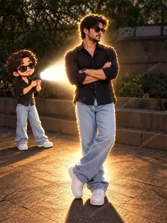 Anime flashlight AI photo editing prompt for boys - small anime twin character shining a flashlight beam on the real subject at sunset