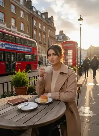 travel ai photo prompt — London Afternoon Tea Moment Travel AI Photo Prompt for Girls
