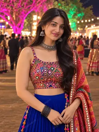 Navratri Glam Look in Royal Blue Lehenga photo prompt — AI photo prompt example
